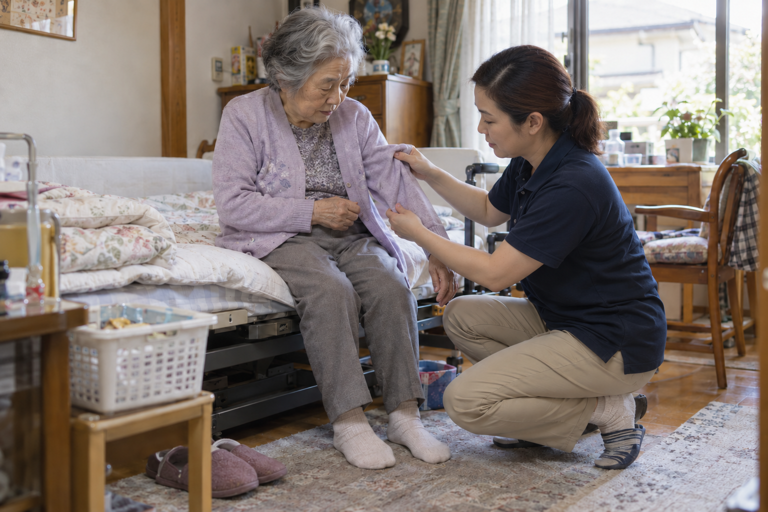 ご自宅で高齢の女性の着替えを手伝う場面(支援内容を表したイメージ)