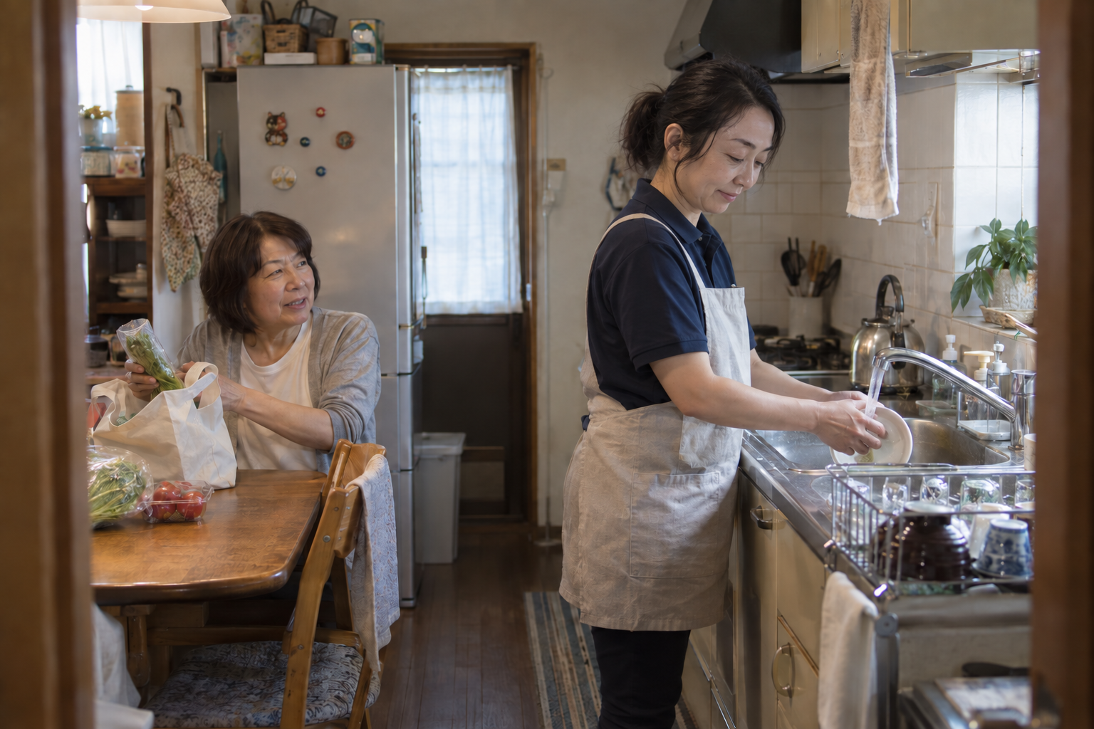生活感のある台所で食器洗いを手伝う場面(支援内容を表したイメージ)