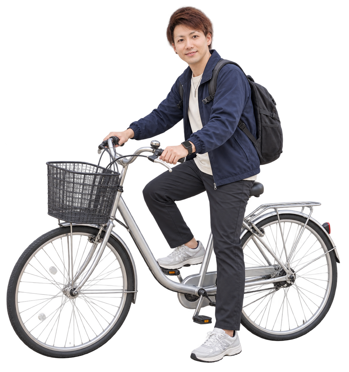 自転車とともに笑顔を見せる代表のイメージ
