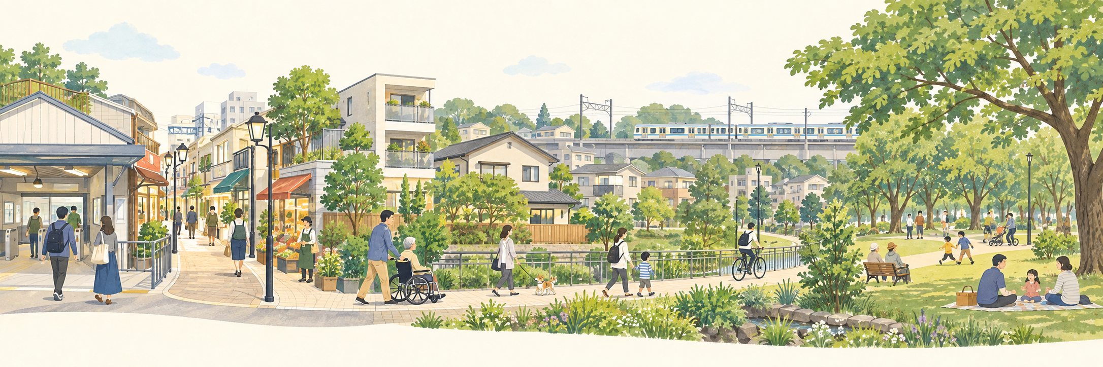 駅前の商店街、住宅街、緑の公園に人々が集う街のイメージイラスト
