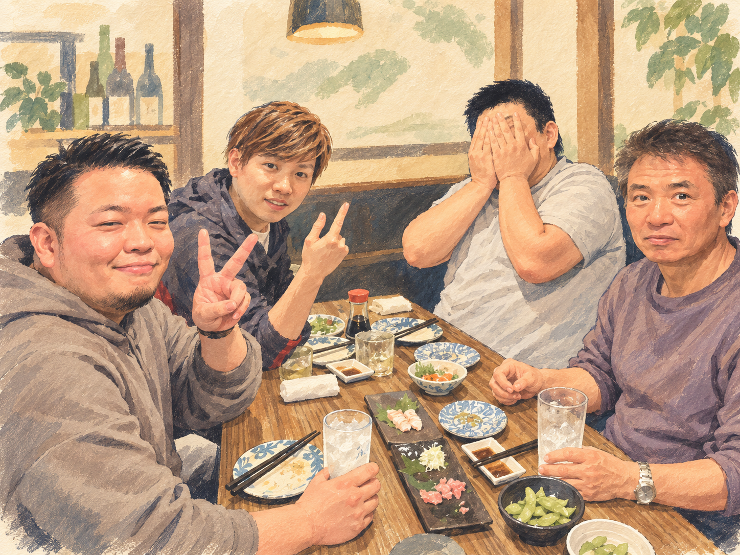 スタッフが食卓を囲む交流のひとこまを描いたイラスト